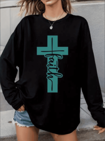 Women's Print Long-sleeved Hoodless Sweatshirt (Option: Black-S)